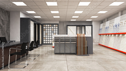 Modern ceramic tile and flooring store interior featuring display racks and customer seating showroom flooring interiors materials architecture