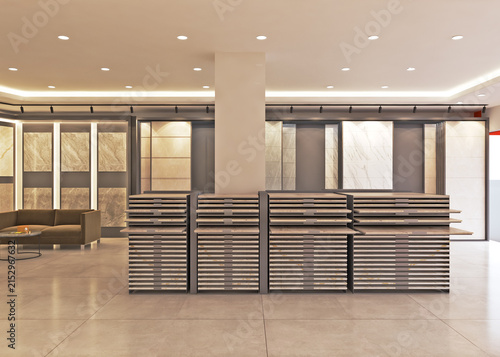 Spacious tile showroom interior featuring organized vertical sample storage racks showroom flooring interiors materials architecture renovation