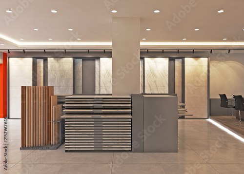 Contemporary tile and flooring showroom interior with organized product displays and wooden panels for home improvement showroom flooring interior