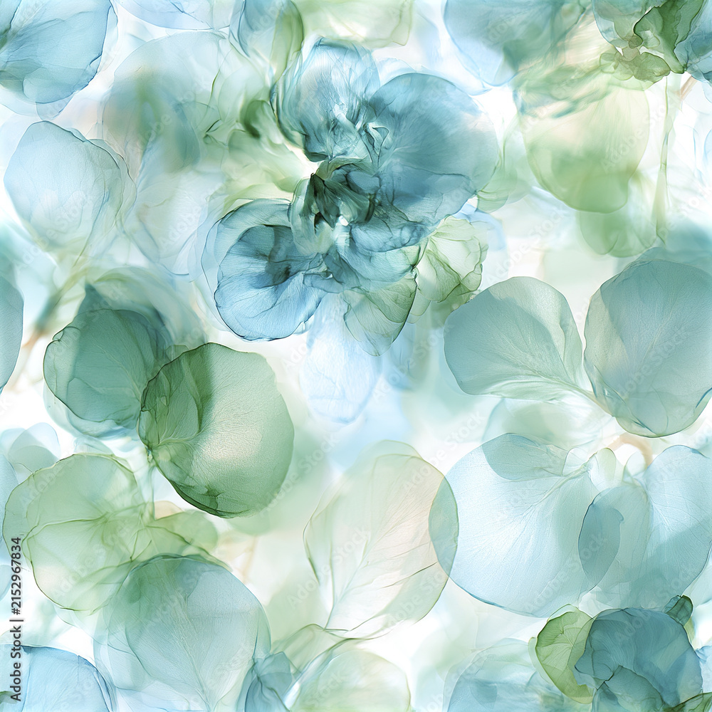 Fototapeta premium Translucent overlapping petals in soft blue and green hues create delicate, airy floral pattern with calming, ethereal feel