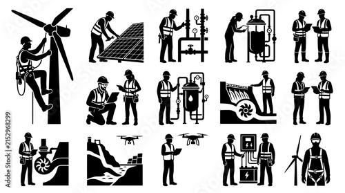 Renewable Energy Engineers Working on Wind Turbines and Solar Panels, Glyph Style
