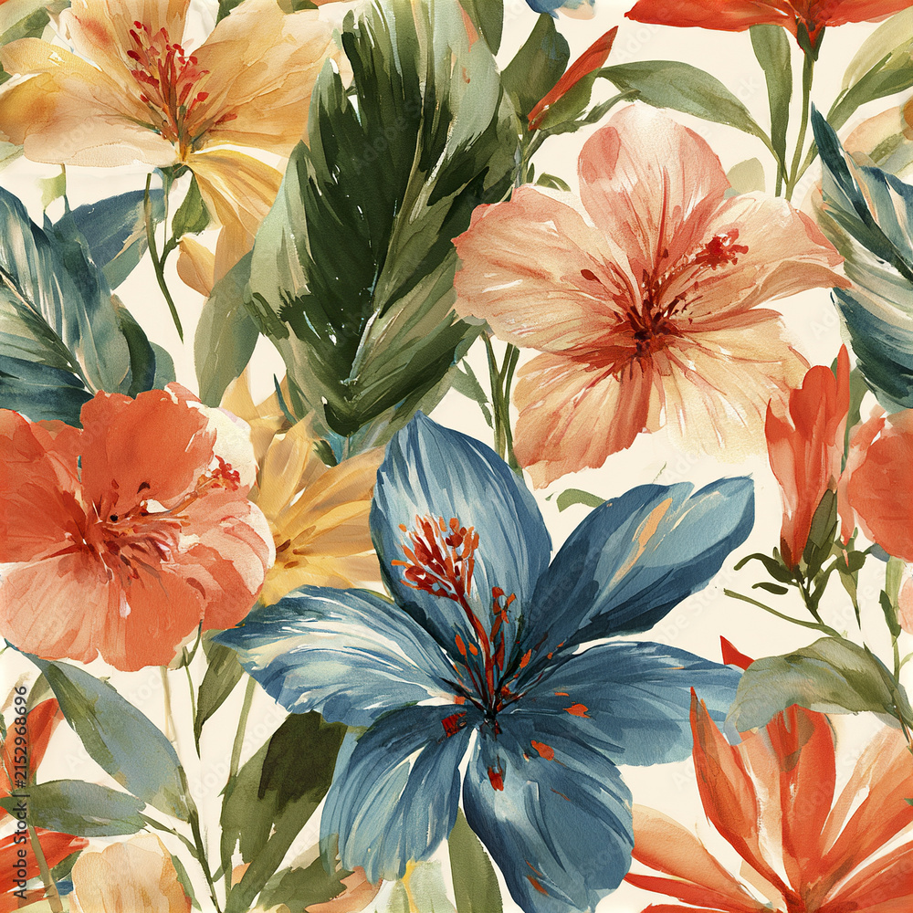 Fototapeta premium Seamless tropical watercolor bouquet with electric blue, orange, and yellow flowers and lush green leaves creating vibrant