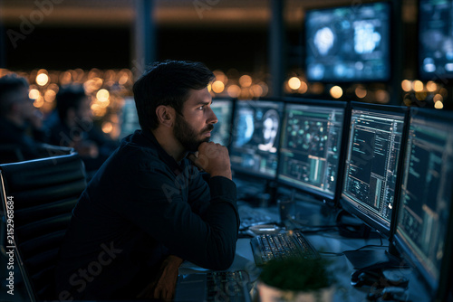 Software engineer monitoring artificial intelligence system performance on multiple displays in modern operations room