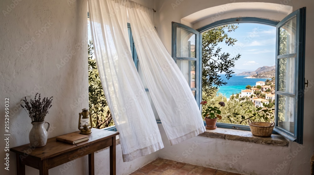 Fototapeta premium Mediterranean Open Window with Linen Curtains and Olive Branches