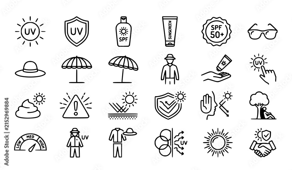 Fototapeta premium UV Protection Line Icon Set with Sunscreen Sun Shield and Solar Safety Symbols