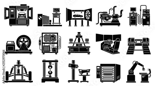 Automotive Testing Equipment Icons - Black  White Glyph Set