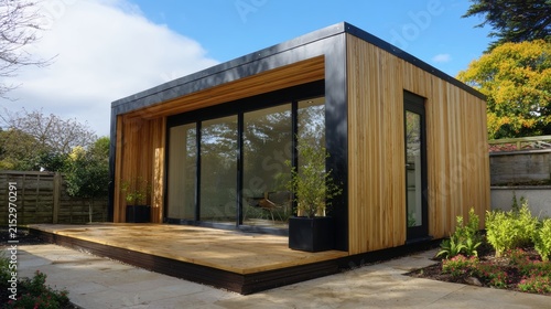 Backyard Office Modern wooden garden office with large glass sliding doors and deck, set in a landscaped backyard on a sunny day.