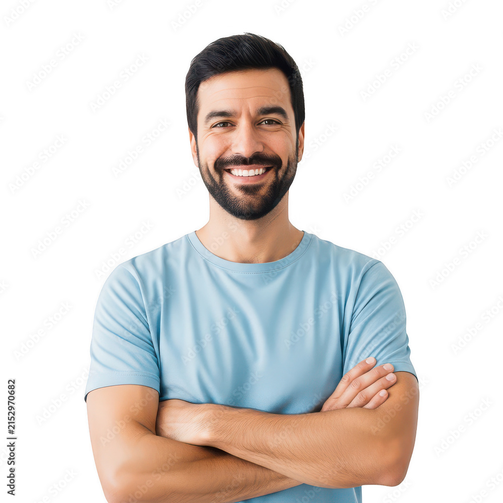 Obraz premium Smiling man with beard and crossed arms isolated on white background