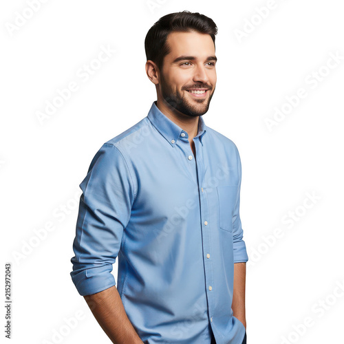 Smiling young man in blue shirt isolated on white background