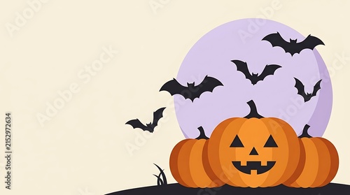 Spooky halloween scene with jackolanterns silhouetted bats and a full moon in a digital illustration