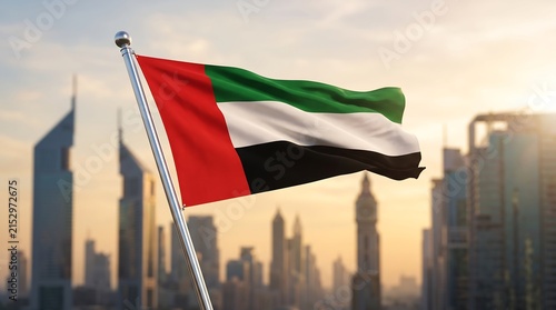 National flag of UAE waving on flagpole with blurred Dubai city skyline in warm sunset light