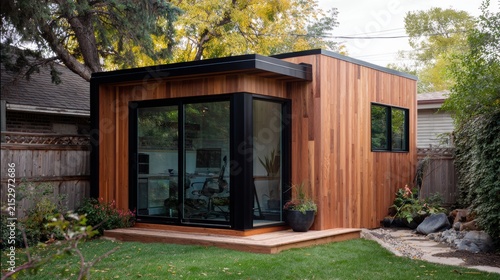 Backyard Office Modern wooden backyard office shed with large glass windows and sliding door surrounded by trees and greenery.