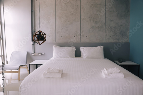 Canvastavla Modern bedroom hotel room white bed concrete wall minimalist interior clean bedd