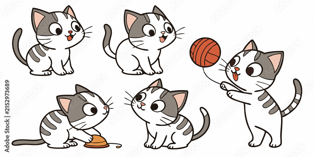 Obraz premium Cute Colorful Cats Playing with Yarn Adorable Cat Illustration. 