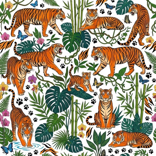 Seamless pattern with wild tigers, tropical plants, jungle leaves, and butterflies in vibrant jungle style