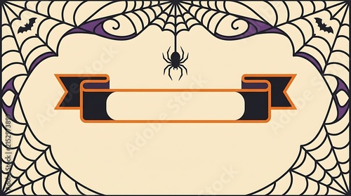 Old fashioned halloween frame featuring a delicate spiderweb design with an orange ribbon banner for spooky messages or artwork