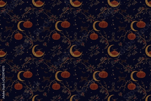 Seamless halloween pattern with orange pumpkins, crescent moons, black cats, and dark branches on a dark navy blue background, for autumn decor