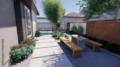 Backyard Office Modern backyard patio with concrete slabs, wooden benches, greenery, and privacy fencing under a clear sky.