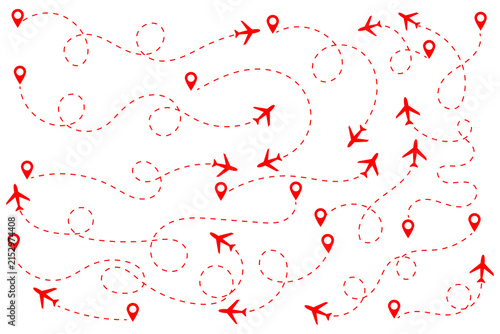 Minimalist vector illustration showing two black airplane travel paths starting from map location pin icons