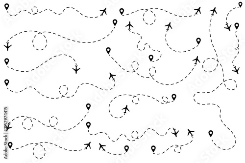 Black airplane icons with dotted flight path lines showing travel route and journey direction
