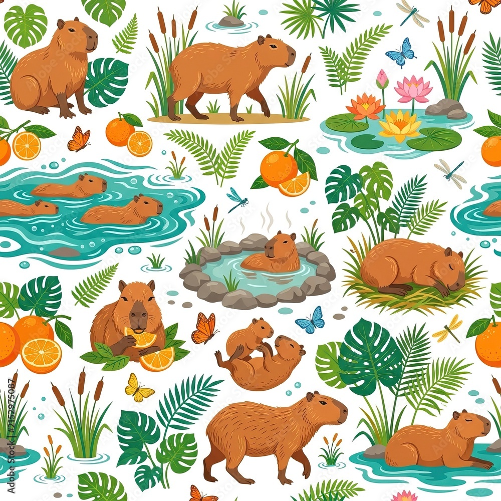 Obraz premium Cute Capybara Seamless Pattern with Tropical Plants and Oranges for Wildlife Background