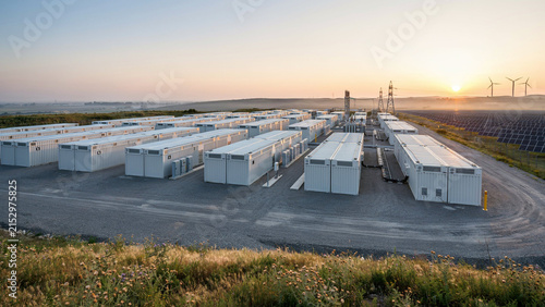 Large outdoor battery energy storage facility in rural landscape with solar panels and wind turbines.