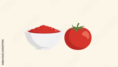Fresh red tomato next to a white bowl filled with smooth tomato sauce or ketchup against a light cream background.