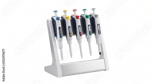 Laboratory Pipette Stand with Adjustable Micropipettes Isolated on White Background