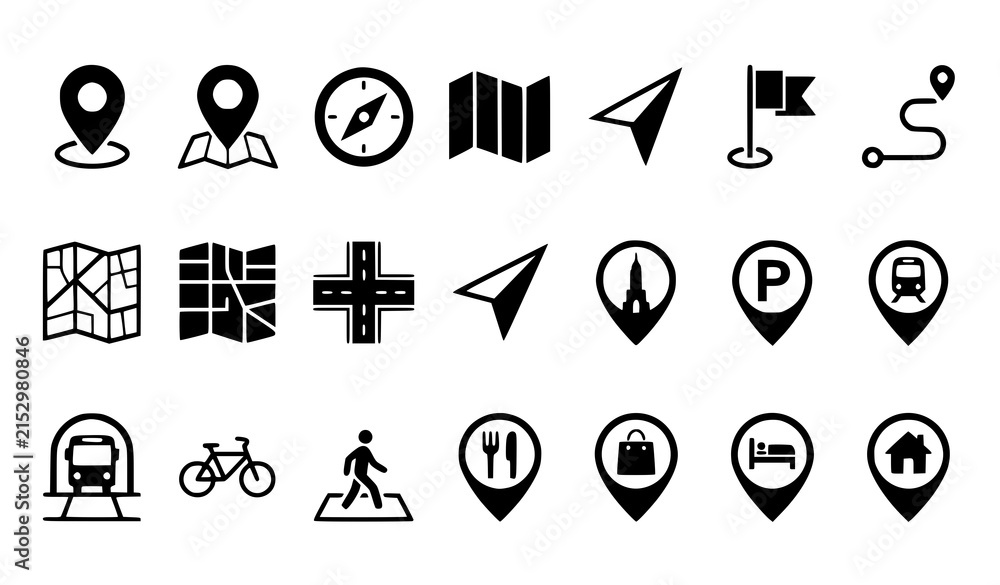 Fototapeta premium Black Navigation and Location Map Icons for Urban Lifestyle Vector Set