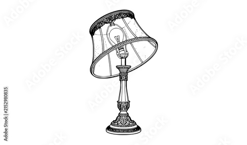 Ornate vintage table lamp three quarter view black line art vector