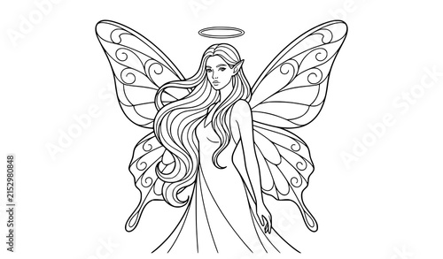 Angelic fairy woman with wings and halo minimalist fantasy line art vector