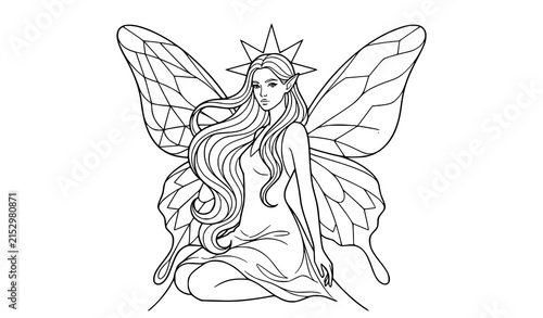 Sitting angelic fairy woman with decorative wings minimalist line art vector