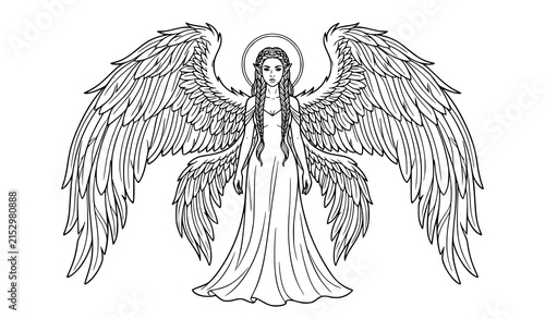 Angelic fairy woman with large feather wings minimalist fantasy outline vector
