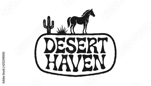 Western Desert Haven Logo with Horse, Cactus, and Sunburst Silhouette