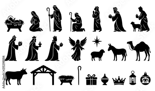 Foto Traditional Christian Nativity Christmas Characters Black Silhouette Vector Coll