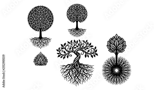 Artistic rooted trees with decorative foliage and intricate botanical line art vector set