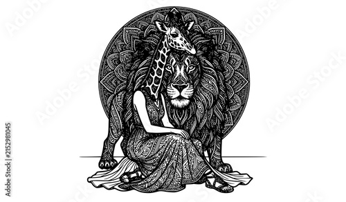 Surreal giraffe woman and majestic lion portrait black line art vector illustration