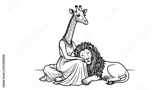 Surreal giraffe headed woman embracing reclining lion monochrome line art vector