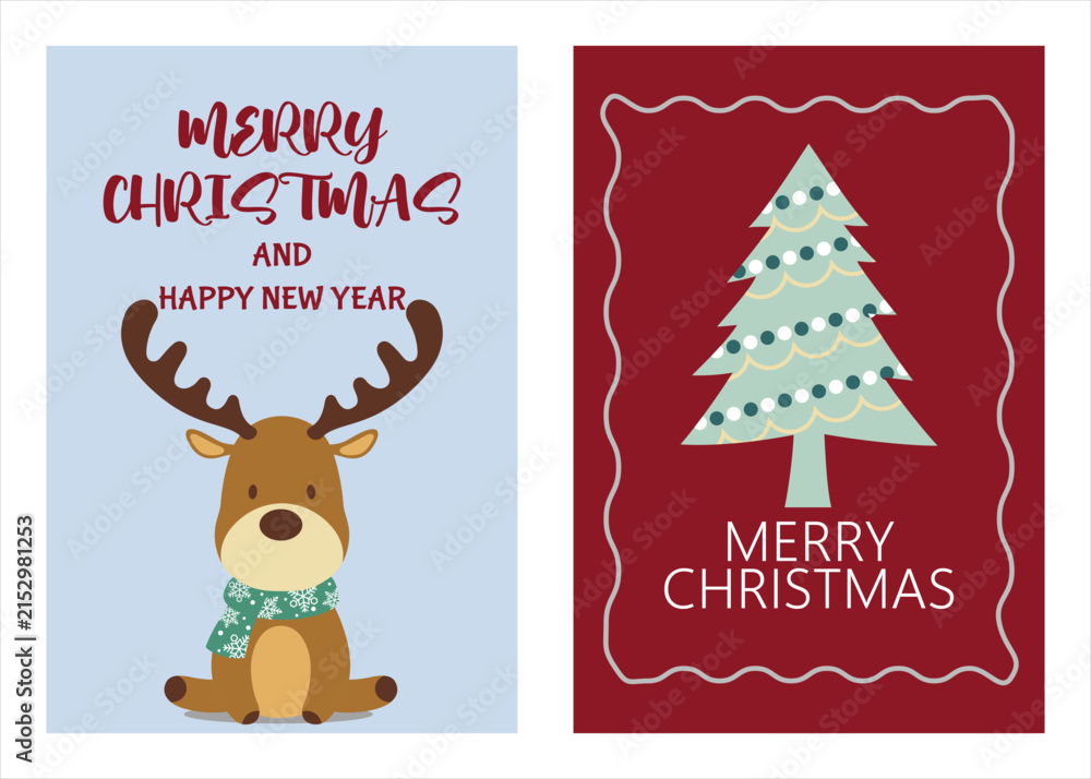 Fototapeta premium Merry Christmas greeting cards set, cute reindeer and pine tree illustrations, festive holiday postcards with Happy New Year typography