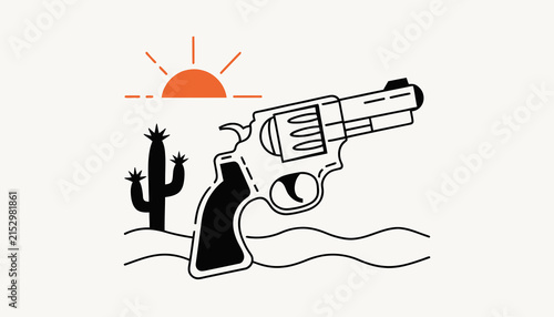 Western Desert Scene with Revolver, Cactus, and Sun - Stylized Illustration