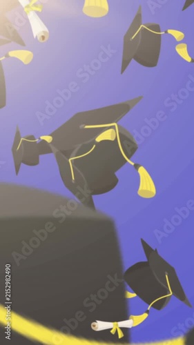 Multiple graduation hat and diploma icons falling against blue background