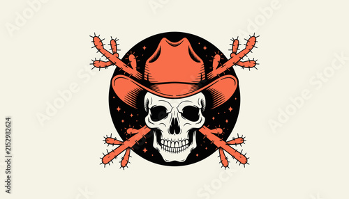 Western Skull Cowboy Hat and Cactus Illustration - Spooky Desert Vibe