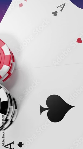 Animation of casino chips and playing cards over gradient purple to pink background