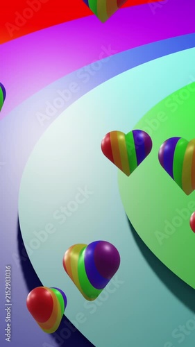 Animation of rainbow hearts over rainbow background