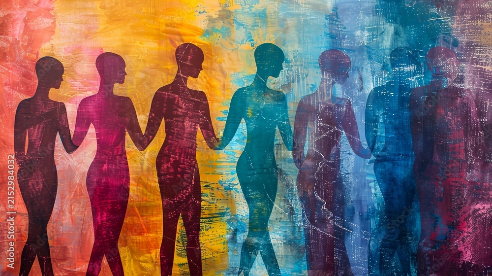 Naklejka premium Abstract double exposure visualization of overlapping human profile silhouettes, symbolizing multiple personalities, schizophrenia, and mental friction.