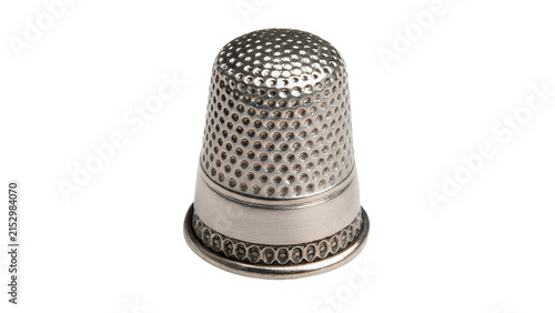 Classic metallic silver thimble sewing tool finger protection isolated on transparent background