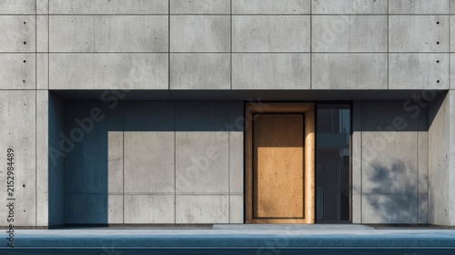 Concrete ADU Minimalist modern concrete building facade with a wooden door and shadow patterns on textured walls.