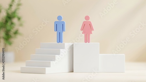 Gender gap metaphor with male and female icons on unequal platforms.