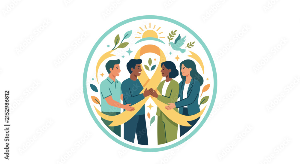 Fototapeta premium Group of diverse people inside a sun and flower circle.