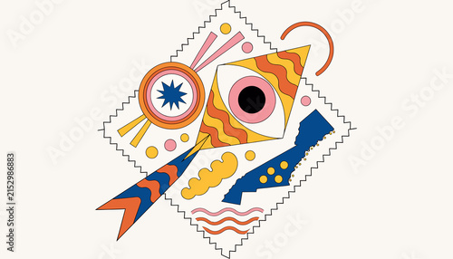 Whimsical Abstract Kite Illustration with Geometric Shapes and Vibrant Colors on Cream Background